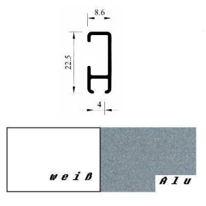 Profilzeichnung mit Massangaben 8,6 und 22,5 und 4 mm, darunter Farbmuster weiss und Alu-grau meliert