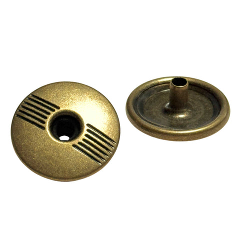 Druckknopf bronzefarben mit Strichmuster, Vorderseite mit Loch, Rueckseite mit Hohlniet