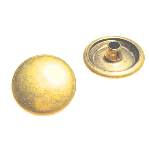 Druckknopf gold-matt, links glatte Kappe, rechts Rückseite mit Metallröhrchen