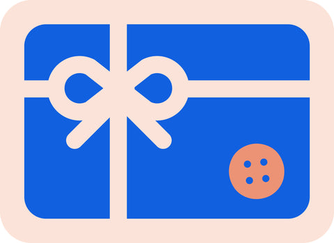 Icon-Grafik: blaues Geschenkpaket mit Schleife in Cremeweiß, orangefarbener Vierlochknopf unten rechts