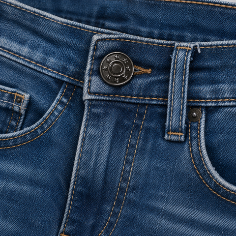 Stahlfarbener Jeansknopf mit Sternmuster an einer klassischen blauen Jeanshose im Detail aufgenommen