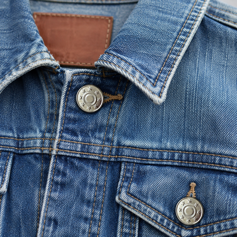 Silberner Jeansknopf mit Sternmuster an einer blauen Jeansjacke mit sichtbaren Ziernähten und Denimstruktur