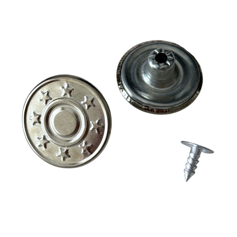 Silberner Jeansknopf aus Metall mit Sternmuster und passendem Nagel 18 mm
