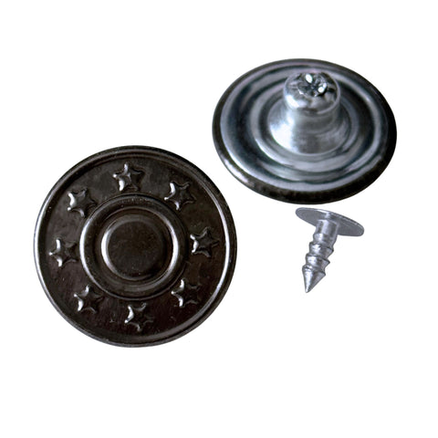 Stahlfarbener Jeansknopf aus Metall mit Sternmuster und Nagel 18 mm