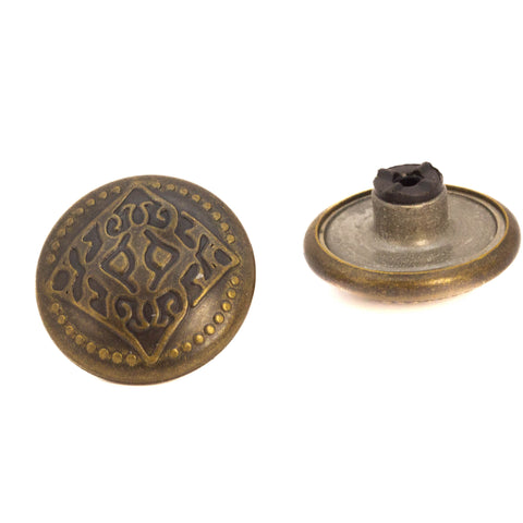 Jeansknopf bronzefarben mit Ornament in Raute, Rueckseite mit Nietschaft und Kunststoffkern
