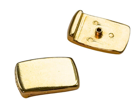 Druckknopf goldfarben glaenzend, rechteckig mit gewoelbter Vorderseite, Rueckseite mit Metallstift und Loechern