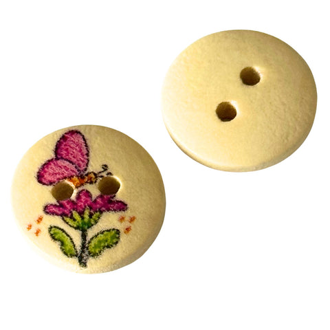 Holz Kinderknopf Schmetterling natur rund 2 Loch mit Blumen und Schmetterling Motive