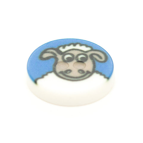 Kinderknopf mit schafmotiv in Blau aus Kunststoff