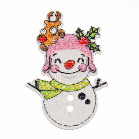Creme/Natur Holzknopf mit Weihnachts-Schneemannmotiv mit 2-Loch-Befestigung HK-48-04