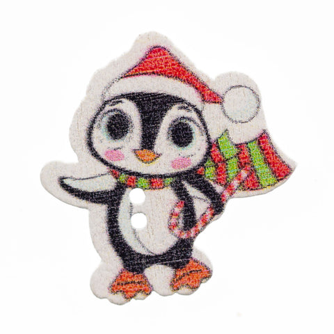 Creme/Natur Holzknopf mit Weihnachts-Pinguinmotiv mit 2-Loch-Befestigung HK-48-05