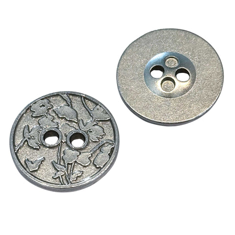 Metallknopf mit Blumenmotiv Muster in Silber mit 2-Loch-Befestigung in 18 mm