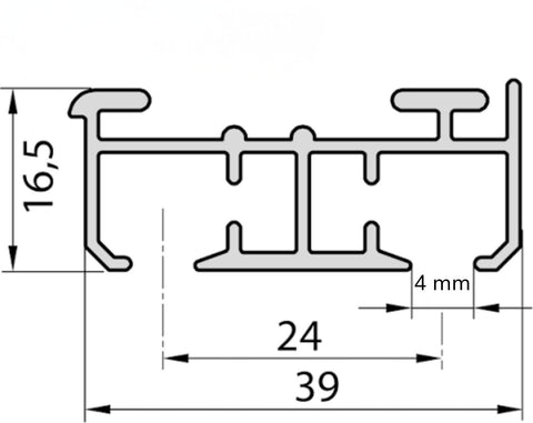 Technische Querschnittzeichnung eines Faltengleiter-Profils mit Massangaben 16,5, 24, 39 und 4 mm