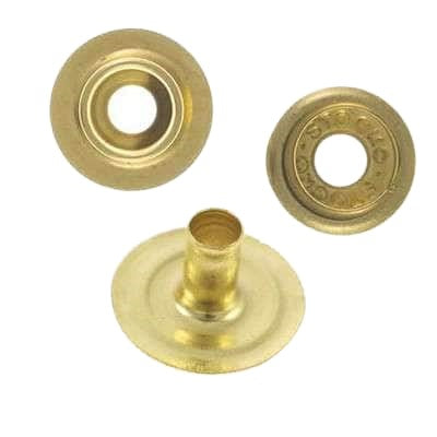 Druckknopf-Teile goldfarben: Kappe mit Loch, Unterteil mit Praegeschrift, Roehrchen-Element mit Rand
