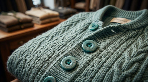 Türkisfarbene Strickjacke mit Steinnussknöpfen STN-7