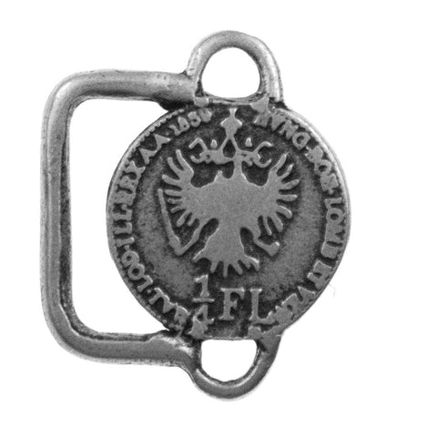 Applikation in Münzform mit Doppeladler, Schriftrand und '1/4 FL', an rechteckigem Metallbügel