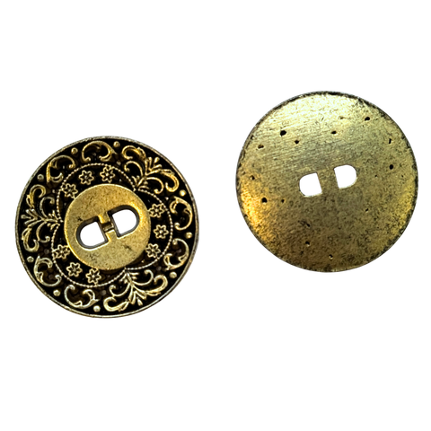 Altgoldfarbener Trachtenknopf mit ornamentalem Muster und zwei Löchern, erhältlich in 15 bis 23 mm für Dirndl und Trachtenmode