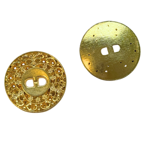 Gold glänzender Trachtenknopf mit ornamentalem Muster und zwei Löchern, erhältlich in 15 bis 23 mm für Dirndl und Trachtenmode