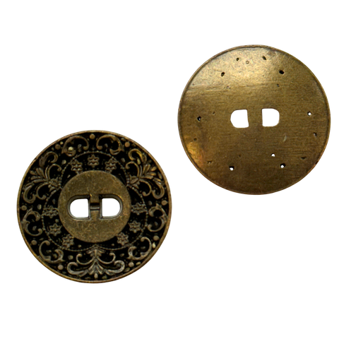 Alt-Messing Farbener Trachtenknopf mit ornamentalem Muster und zwei Löchern, erhältlich in 15 bis 23 mm für Dirndl und Trachtenmode