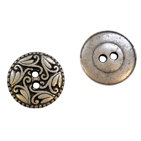 Altsilberfarbener Trachtenknopf mit ornamentalem Blattmuster und zwei Löchern, klassischer Knopf für Dirndl und Trachtenmode