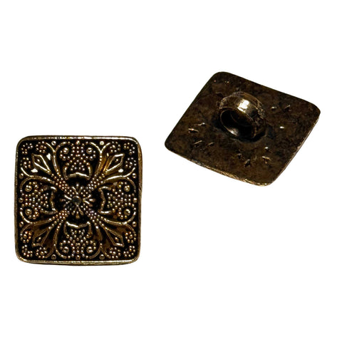 Altmessing Farbener, quadratischer Trachtenknopf TK-32 aus Metall mit filigranem Blumenmuster – perfekt für Dirndl, Janker, Westen & DIY-Trachtenprojekte