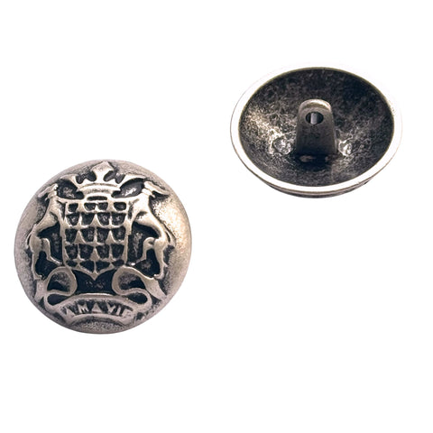 Metallknopf mit Wappenmotiv in Altsilber-Silber mit Öse-Befestigung in 15–25 mm