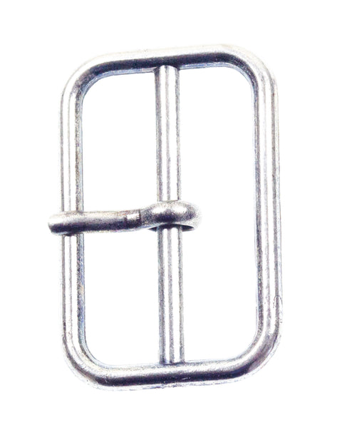 Schnalle aus Metall, rechteckig mit Mittelsteg und Dorn, silberfarben mit Gebrauchsspuren