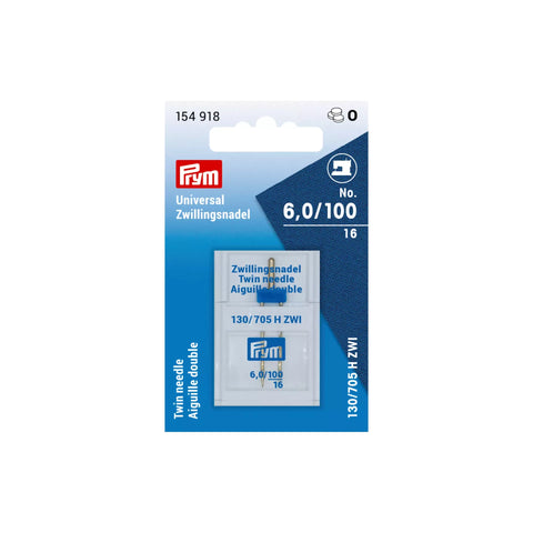 Zwillingsnadel Prym in Blisterverpackung mit zwei goldfarbenen Nadeln und blauer Halterung