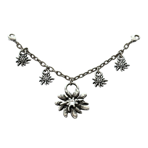 Charivari mit Kette, mittig grosser Edelweiss-Anhaenger mit Strass, vier kleinere Edelweiss-Anhaenger, Karabiner