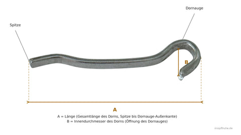 Maßschema Dorn für Gürtelschnallen – Länge (A) und Innendurchmesser Dornauge (B)