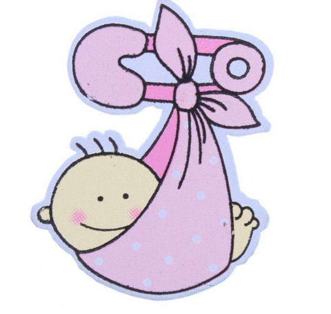 Rosa/Pink Holzapplikation mit Babymotiv mit zum Annähen-Befestigung HK-SO-6-01