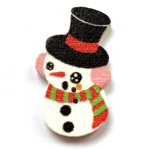 Weiß Holzknopf mit Weihnachts-Schneemannmotiv mit 2-Loch-Befestigung HK-133