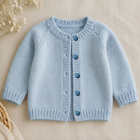 Kinder Strickjacke hellblau mit runden Käferknöpfen Öse Detailansicht