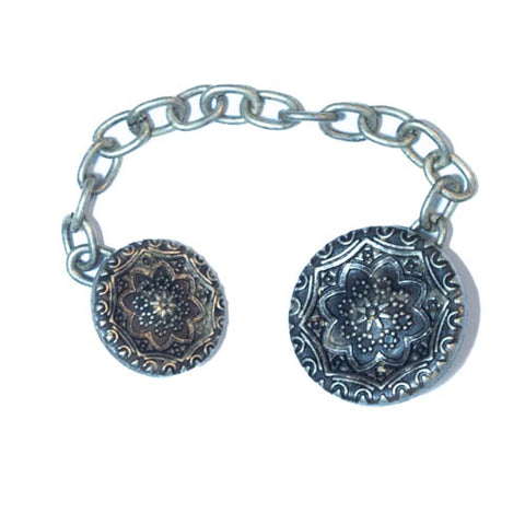 Manschetten Doppelknopf an Kette  Blumen Muster Altsilber TK-145