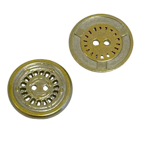 Metallknopf mit Muster in Silber-Gold mit 2-Loch-Befestigung in 15–20 mm