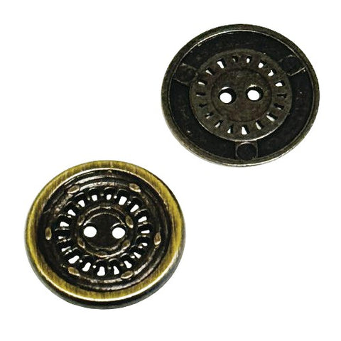Metallknopf mit Muster in Altsilber-Silber-Messing mit 2-Loch-Befestigung in 15–20 mm