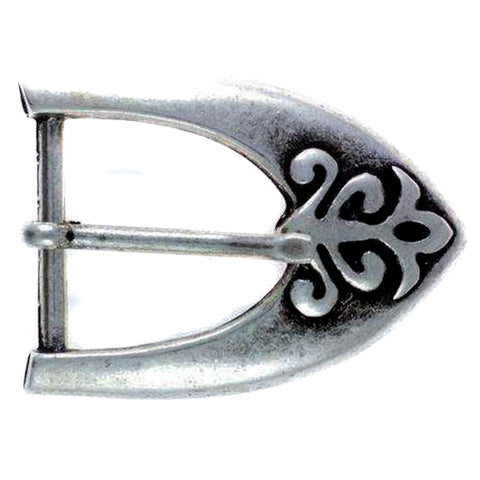 Gürtelschnalle in Tropfenform, silberfarben mit schwarz hinterlegtem Ornament-Muster, Dorn mittig