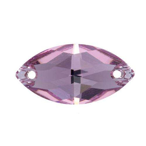 Facettierter Strasstein in Mandelform, lila-amethystfarben, mit zwei Loechern an den Spitzen